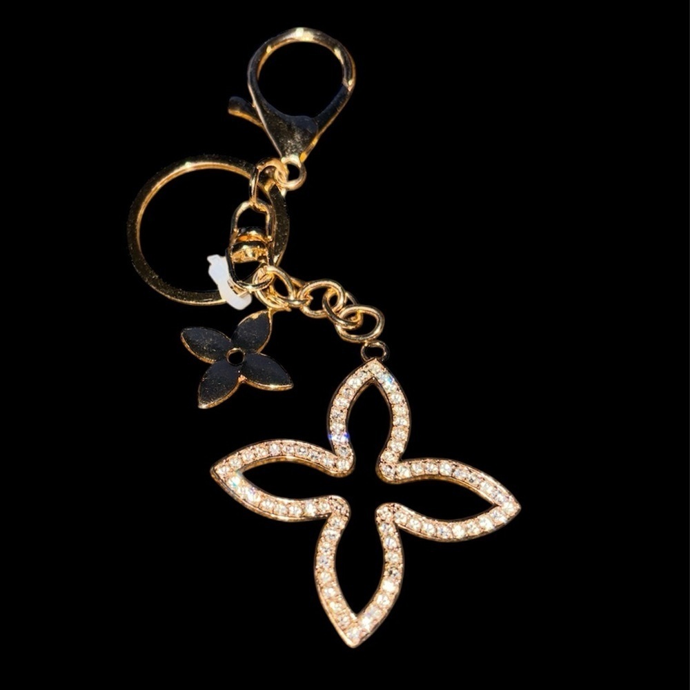 Gold Tone charm Keychain with Crystal floral Accents - Picture 1 of 9